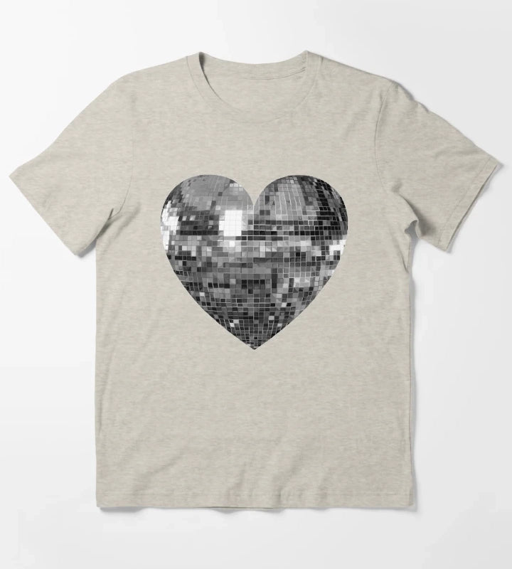 Mirrored Silver Disco Ball Heart T-Shirt Cream