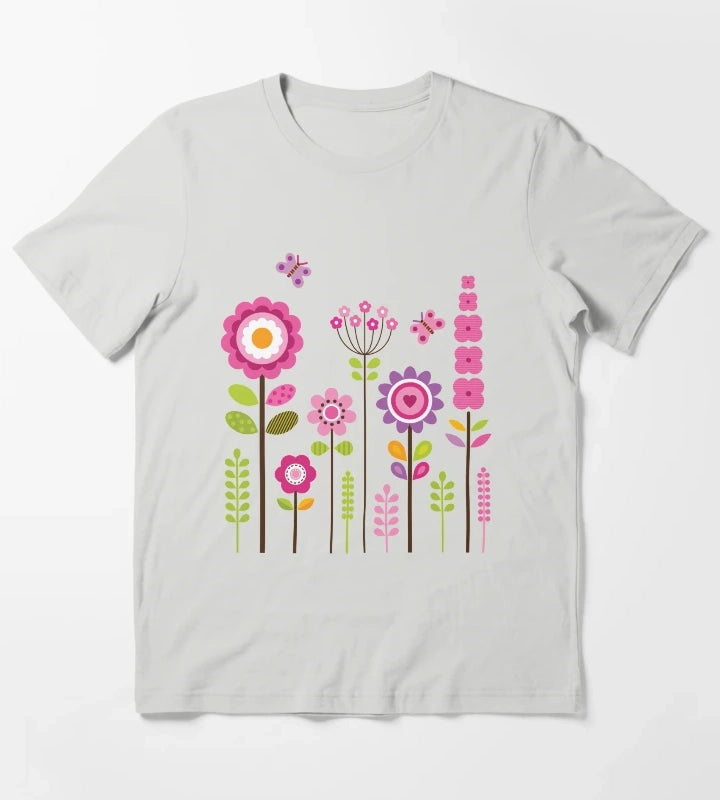 Mod Garden Pink and Purple T-Shirt Light Grey