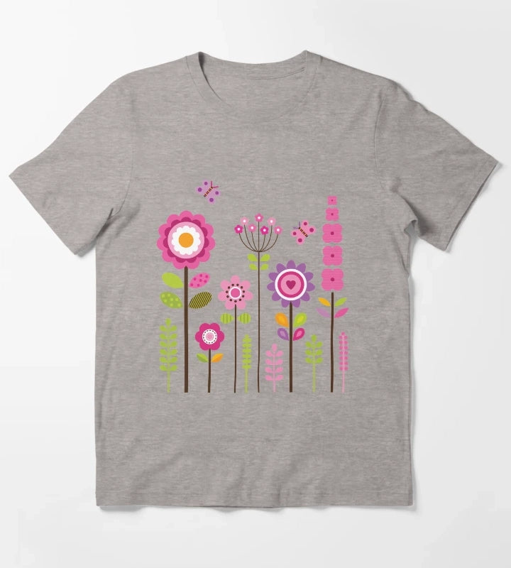 Mod Garden Pink and Purple T-Shirt Heather Grey
