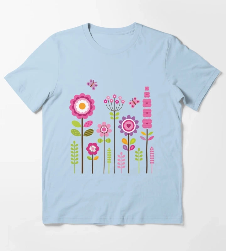 Mod Garden Pink and Purple T-Shirt Sky Blue