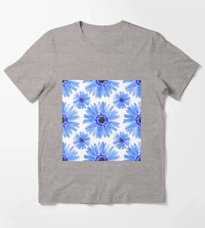 Modern Blue Watercolor Gerber Daisies T-Shirt Heather Grey