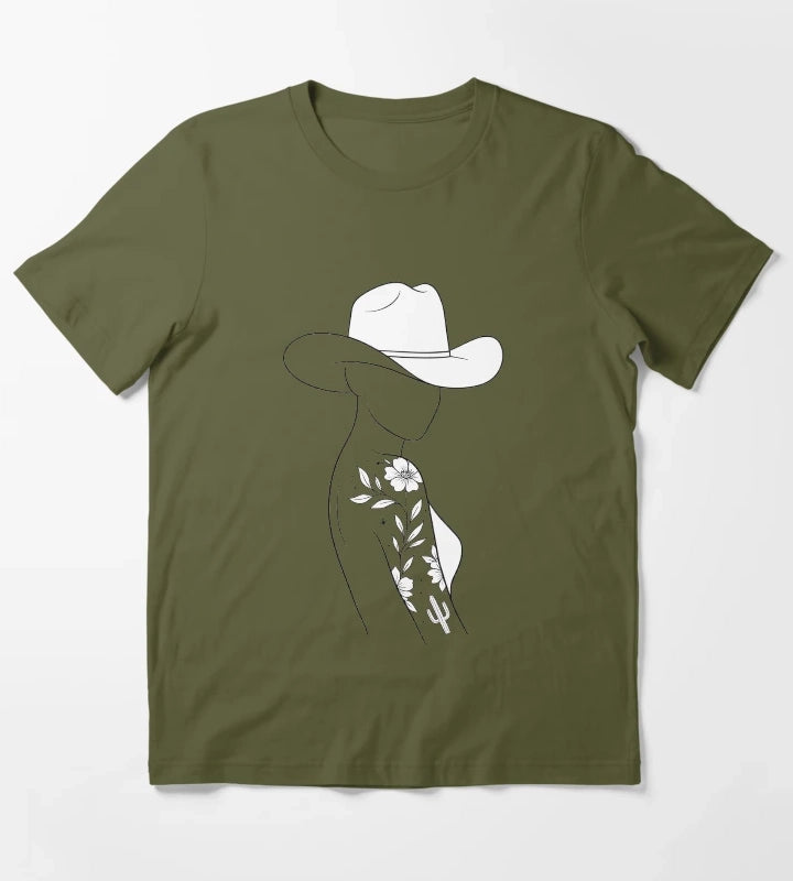 Modern Cowgirl Minimalist tattoo cowgirl design T-Shirt Olive Green