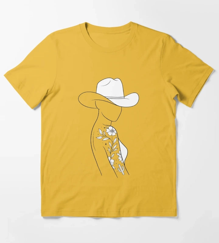 Modern Cowgirl Minimalist tattoo cowgirl design T-Shirt Yellow