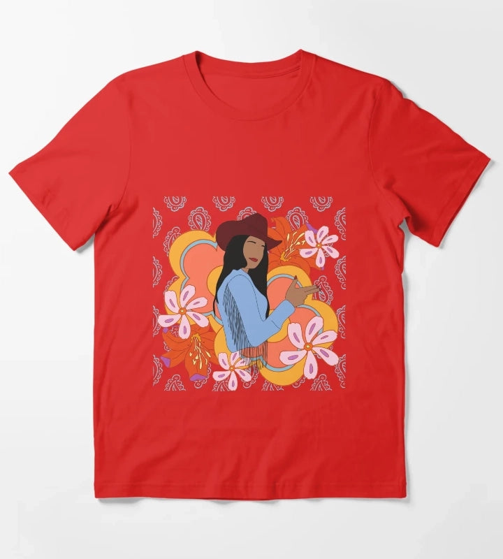 Modern Cowgirl with 70s Background T-Shirt Red