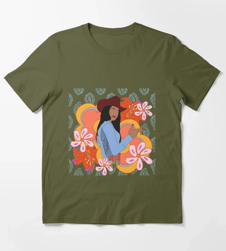 Modern Cowgirl with 70s Background T-Shirt Olive Green