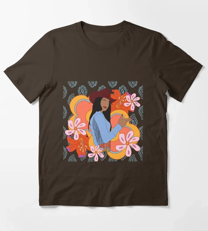 Modern Cowgirl with 70s Background T-Shirt Brown