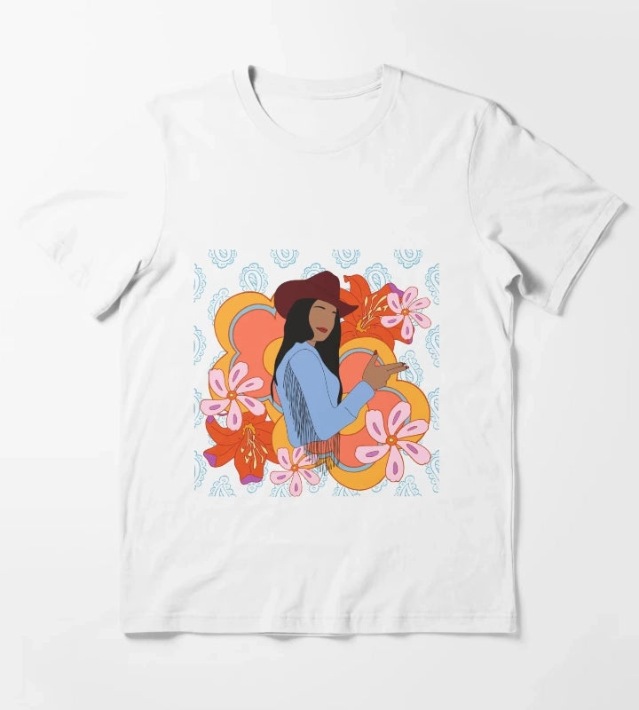 Modern Cowgirl with 70s Background T-Shirt White