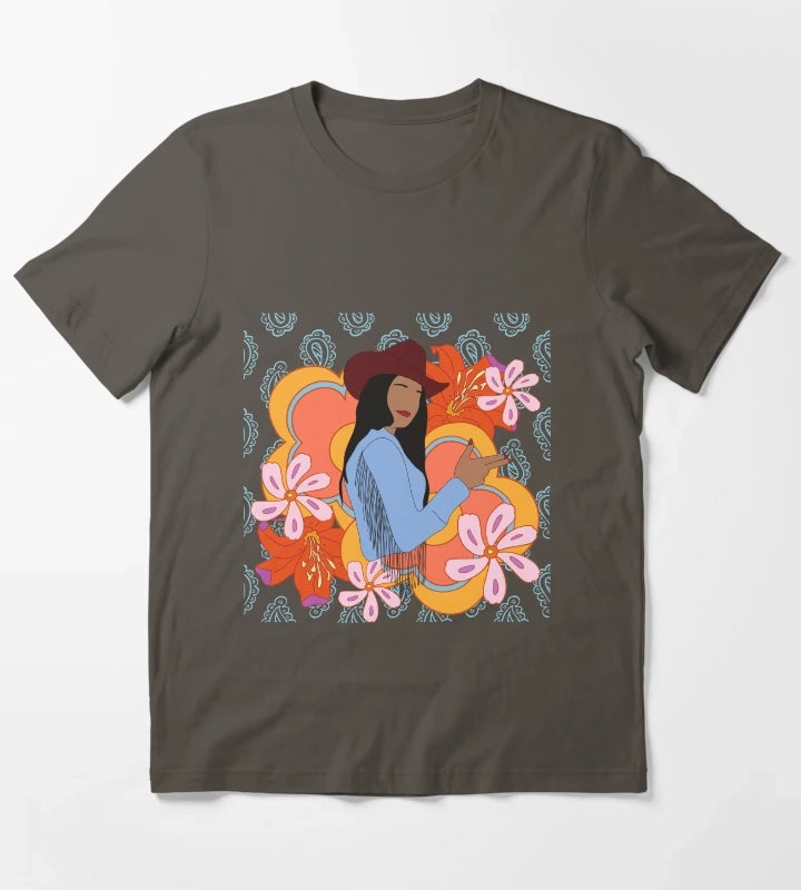 Modern Cowgirl with 70s Background T-Shirt Dark Grey