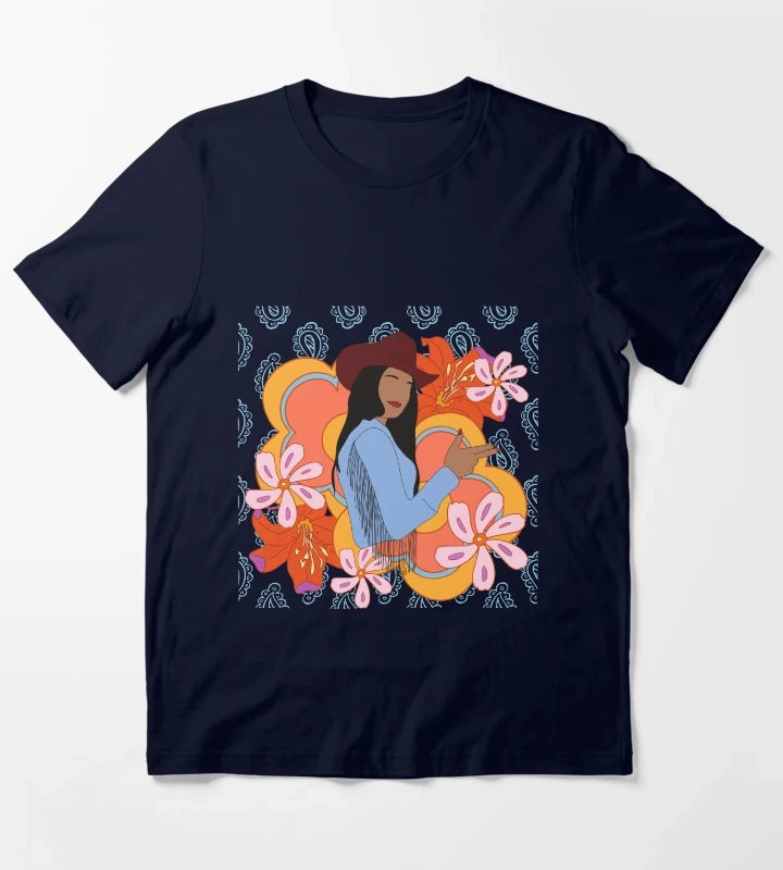 Modern Cowgirl with 70s Background T-Shirt Navy