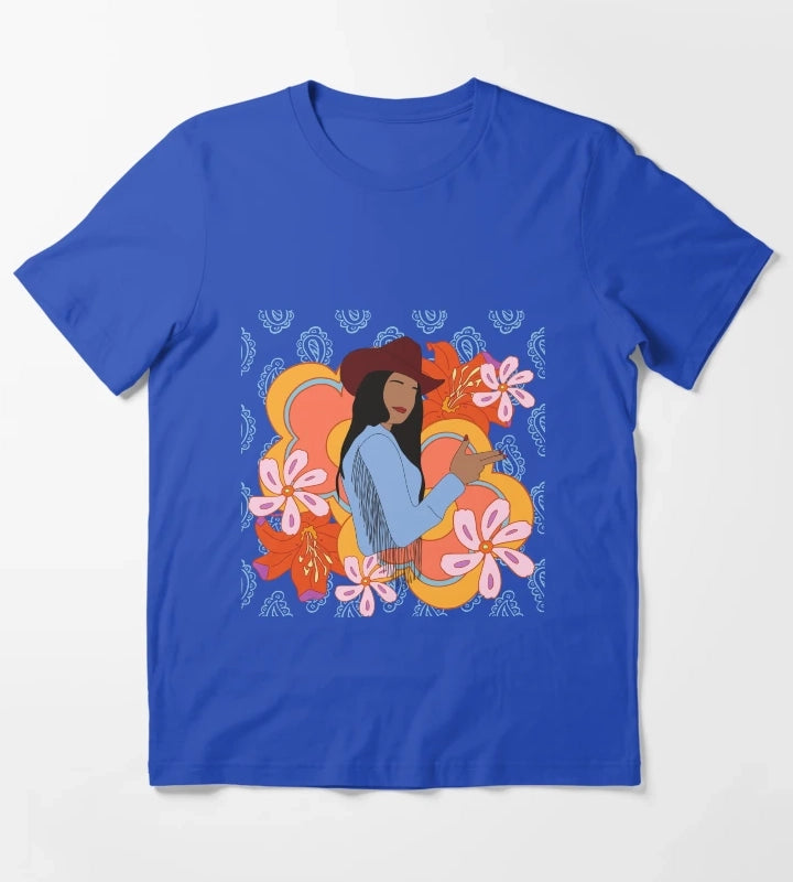 Modern Cowgirl with 70s Background T-Shirt Blue