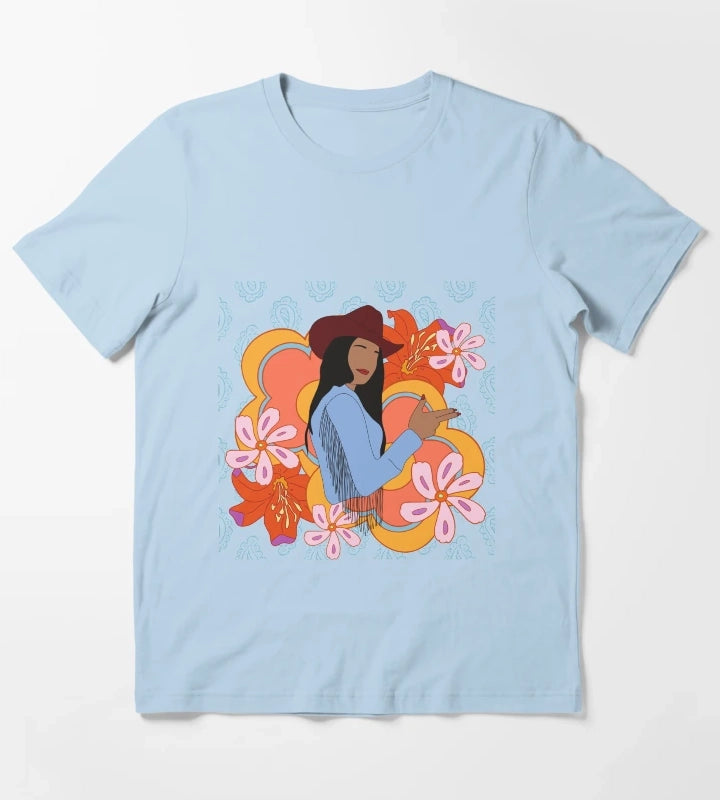 Modern Cowgirl with 70s Background T-Shirt Sky Blue