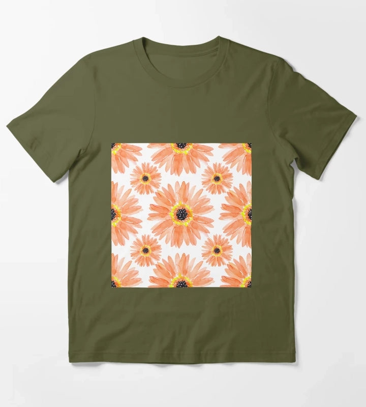 Modern Orange Watercolor Gerbera Daisies T-Shirt Olive Green