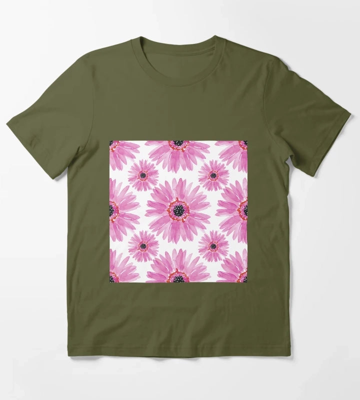 Modern Pink Watercolor Gerbera Daisies T-Shirt Olive Green