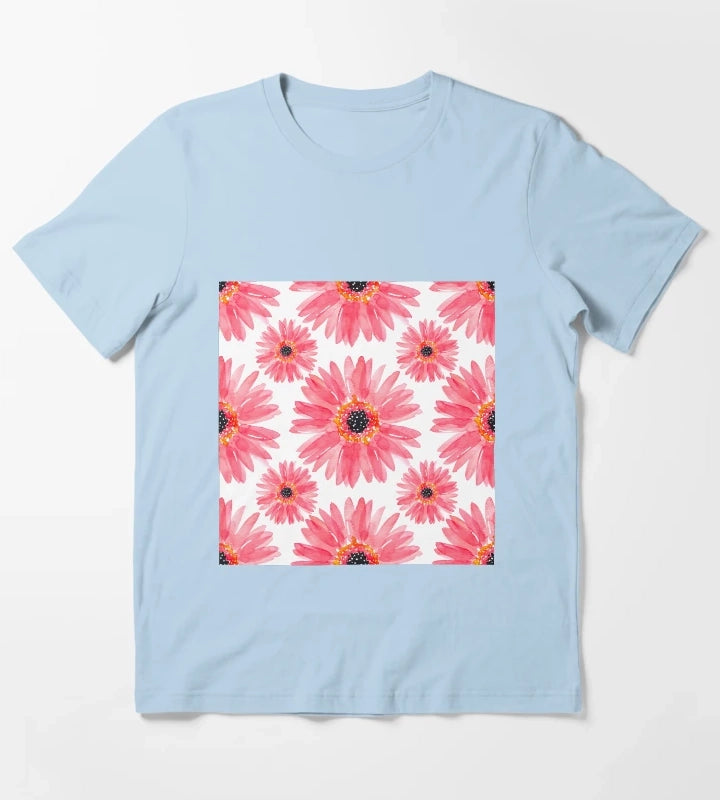 Modern Red Watercolor Gerbera Daisies T-Shirt Sky Blue