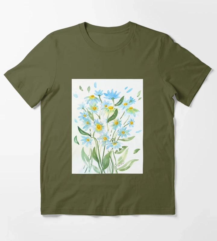 Modern Watercolor Daisies T-Shirt Olive Green