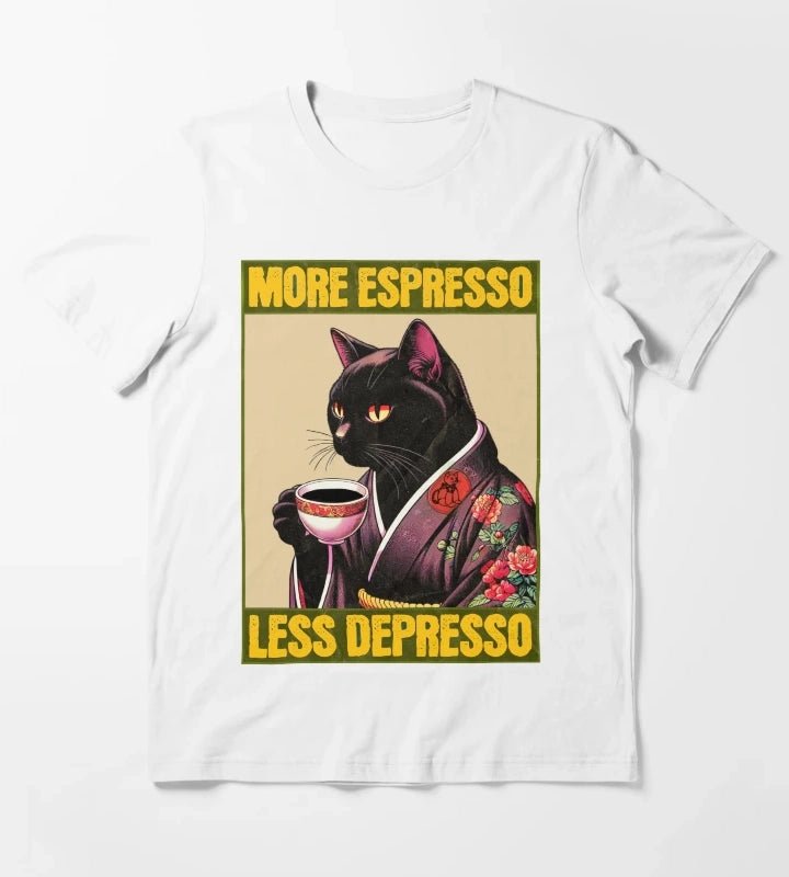 More Espresso Less Depresso Black Funny Coffee Cat Vintage T-Shirt White