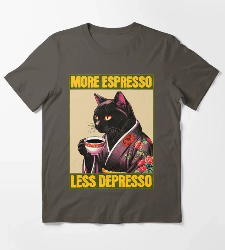 More Espresso Less Depresso Black Funny Coffee Cat Vintage T-Shirt Dark Grey