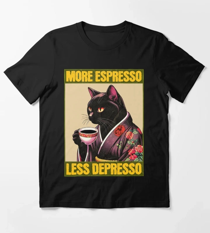 More Espresso Less Depresso Black Funny Coffee Cat Vintage T-Shirt