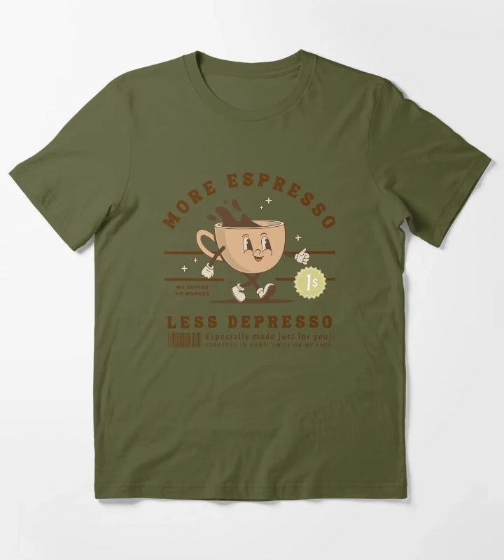 More Espresso Less Depresso Coffee Retro Vintage T-Shirt Olive Green