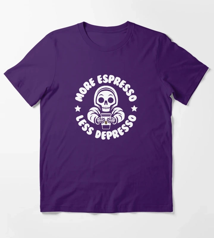 More Espresso Less Depresso Cute Reaper Skull Coffee Bodybuilding Strongman Powerlifting Weightlifting Fitness T-Shirt Purple