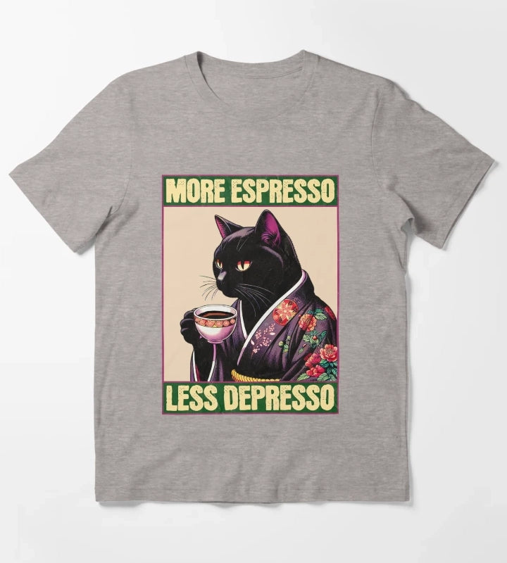 More Espresso Less Depresso Meme Funny Coffee Cat Vintage Poster T-Shirt Heather Grey