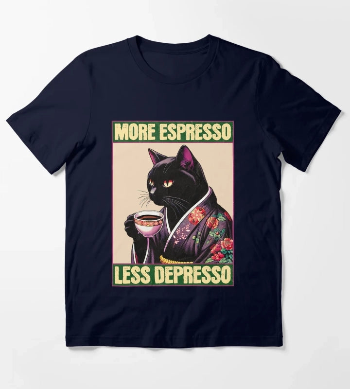 More Espresso Less Depresso Meme Funny Coffee Cat Vintage Poster T-Shirt Navy