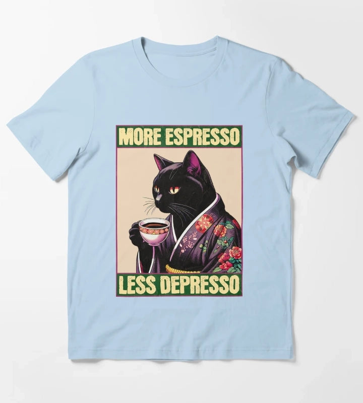 More Espresso Less Depresso Meme Funny Coffee Cat Vintage Poster T-Shirt Sky Blue