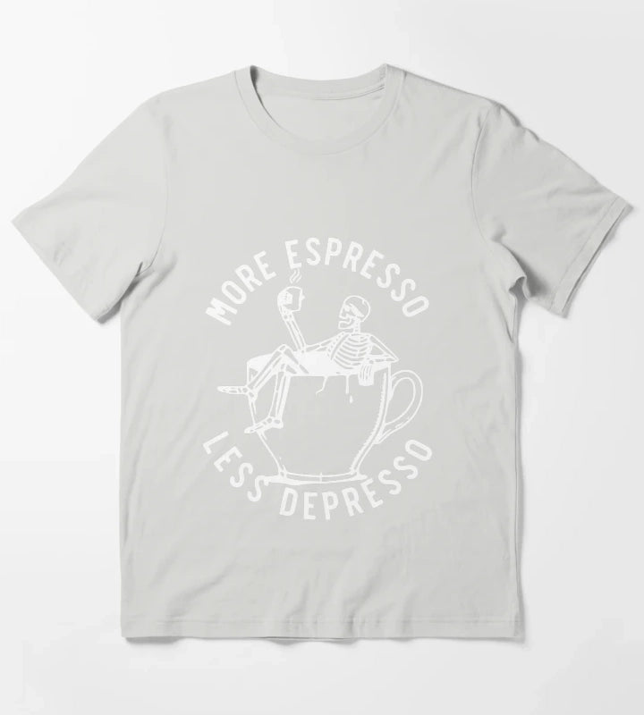 More Espresso Less Depresso Skeleton Coffee Cup White T-Shirt Light Grey