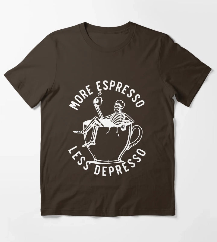 More Espresso Less Depresso Skeleton Coffee Cup White T-Shirt Brown