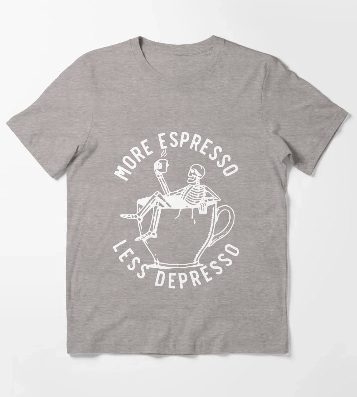 More Espresso Less Depresso Skeleton Coffee Cup White T-Shirt Heather Grey
