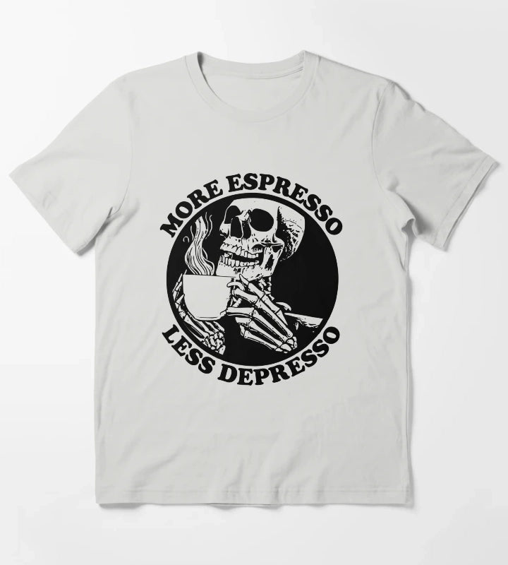 More Espresso Less Depresso Skeleton Drinking Coffee Black T-Shirt Light Grey