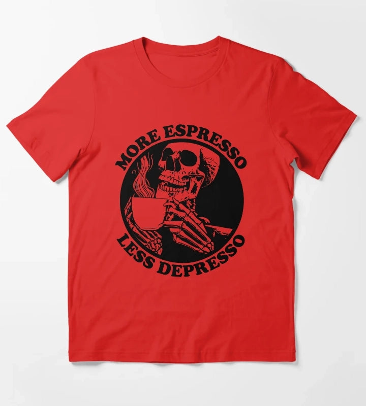 More Espresso Less Depresso Skeleton Drinking Coffee Black T-Shirt Red
