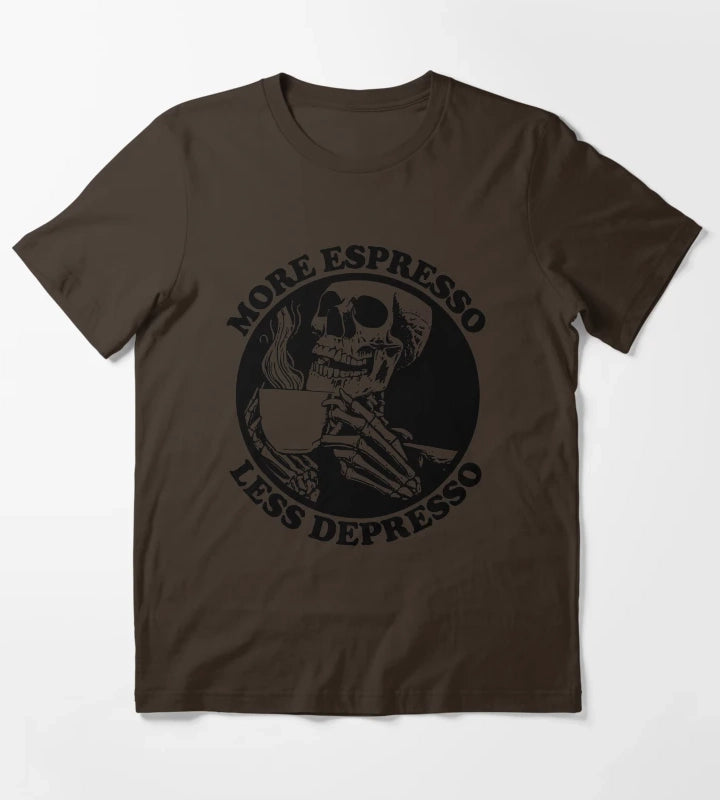More Espresso Less Depresso Skeleton Drinking Coffee Black T-Shirt Brown