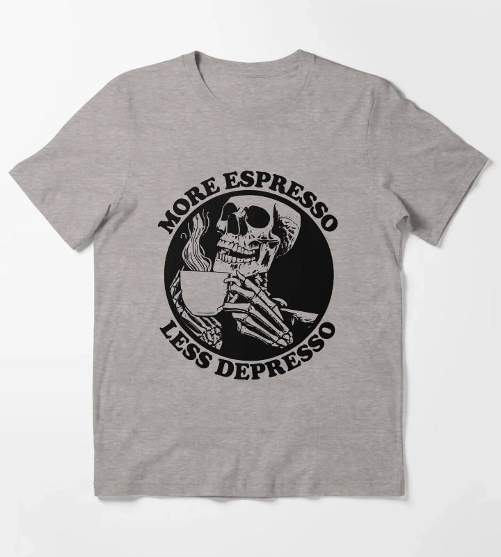 More Espresso Less Depresso Skeleton Drinking Coffee Black T-Shirt Heather Grey