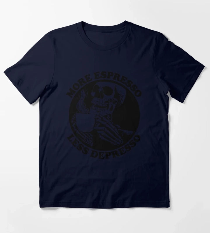 More Espresso Less Depresso Skeleton Drinking Coffee Black T-Shirt Navy