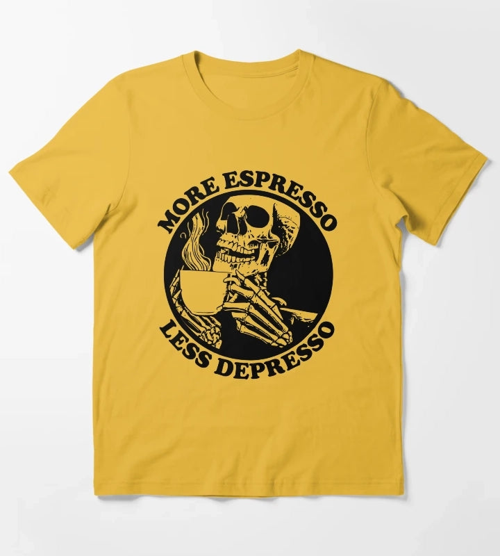 More Espresso Less Depresso Skeleton Drinking Coffee Black T-Shirt Yellow