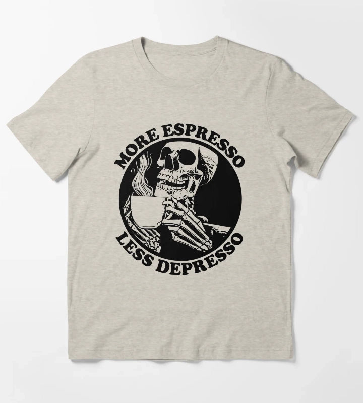 More Espresso Less Depresso Skeleton Drinking Coffee Black T-Shirt Cream