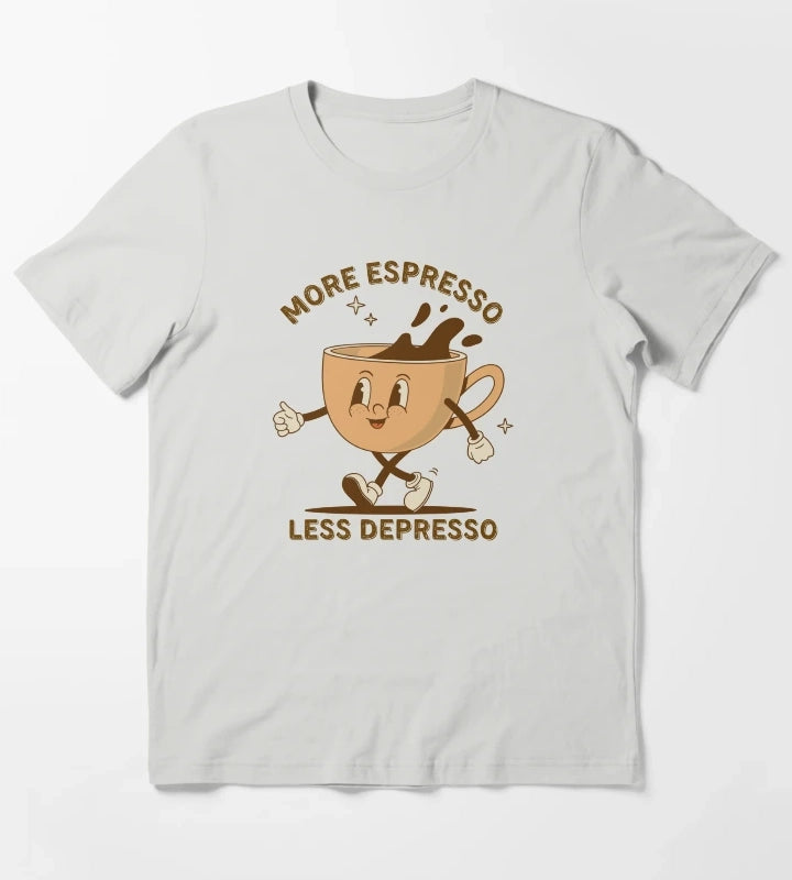 More Espresso Less Depresso Uplifting Coffee Art T-Shirt Light Grey