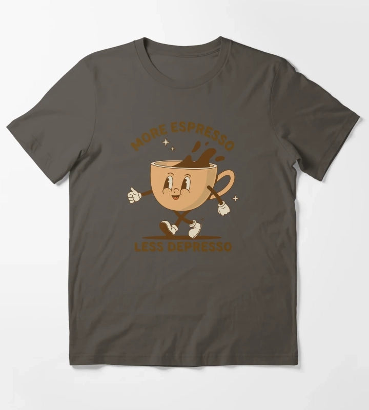 More Espresso Less Depresso Uplifting Coffee Art T-Shirt Dark Grey