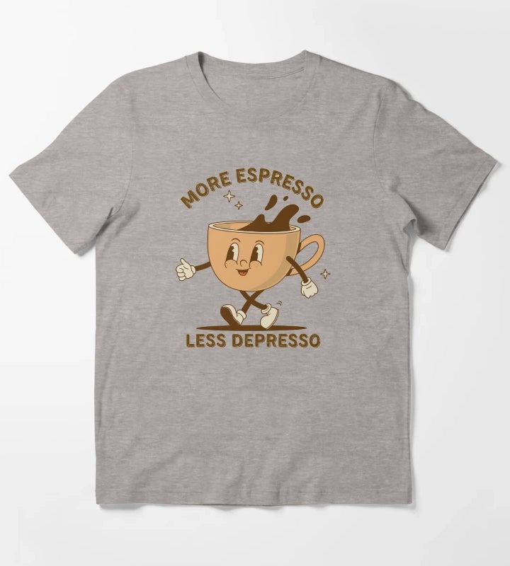 More Espresso Less Depresso Uplifting Coffee Art T-Shirt Heather Grey