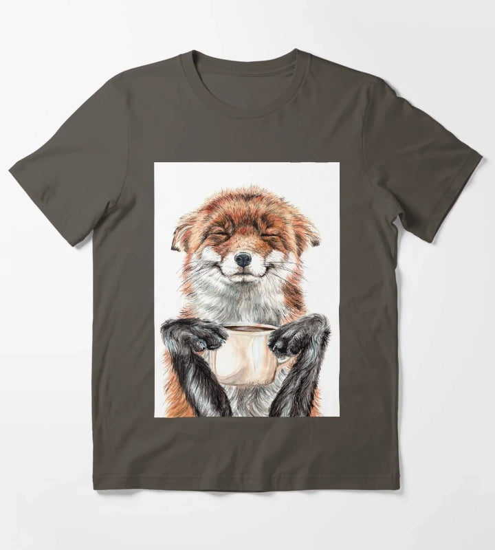 Morning Fox cute coffee animal T-Shirt Dark Grey