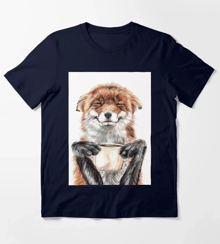 Morning Fox cute coffee animal T-Shirt Navy