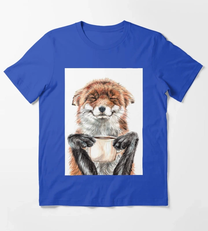 Morning Fox cute coffee animal T-Shirt Blue
