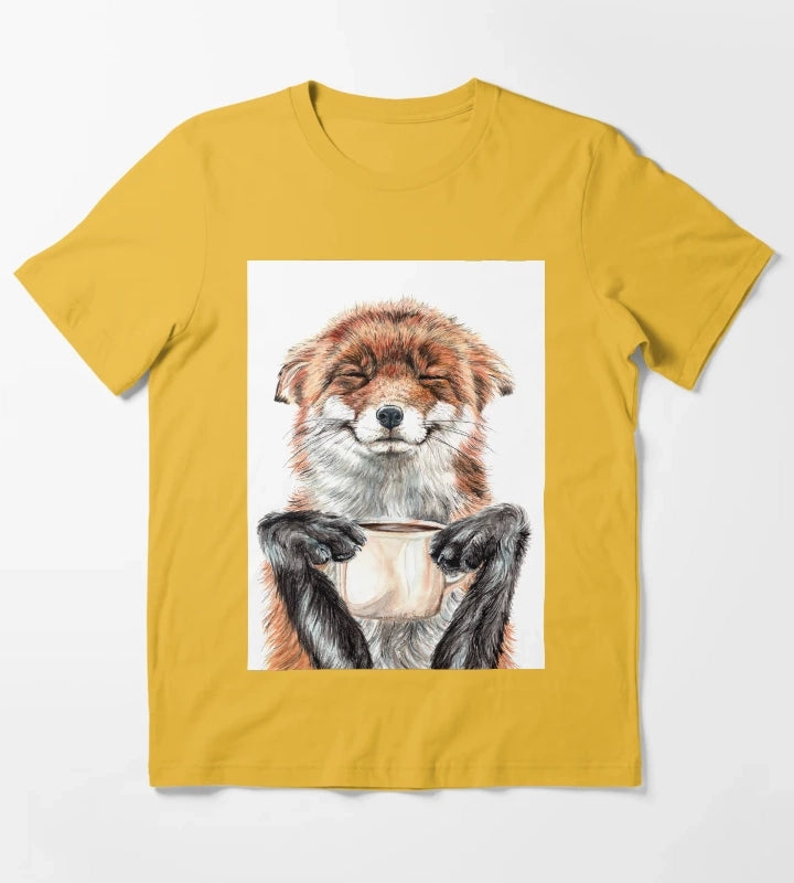 Morning Fox cute coffee animal T-Shirt Yellow