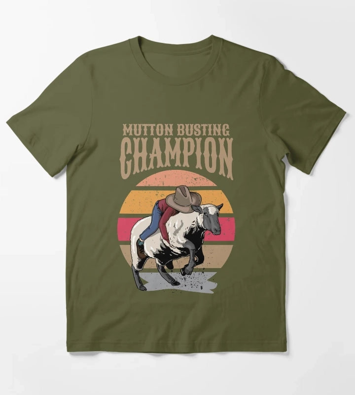 Mutton Busting Champion Mutton Buster Sheep Riding T-Shirt Olive Green