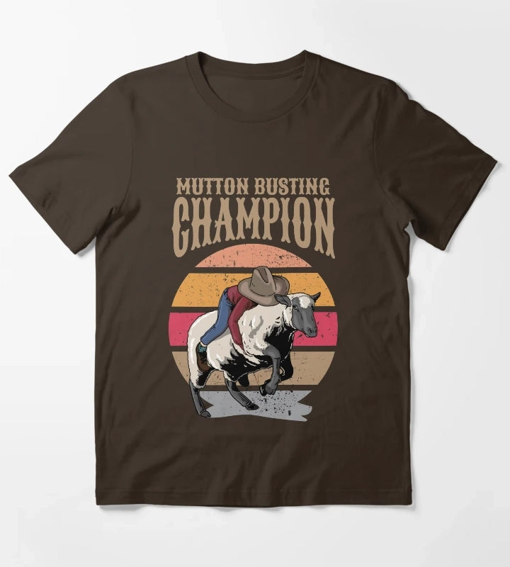 Mutton Busting Champion Mutton Buster Sheep Riding T-Shirt Brown