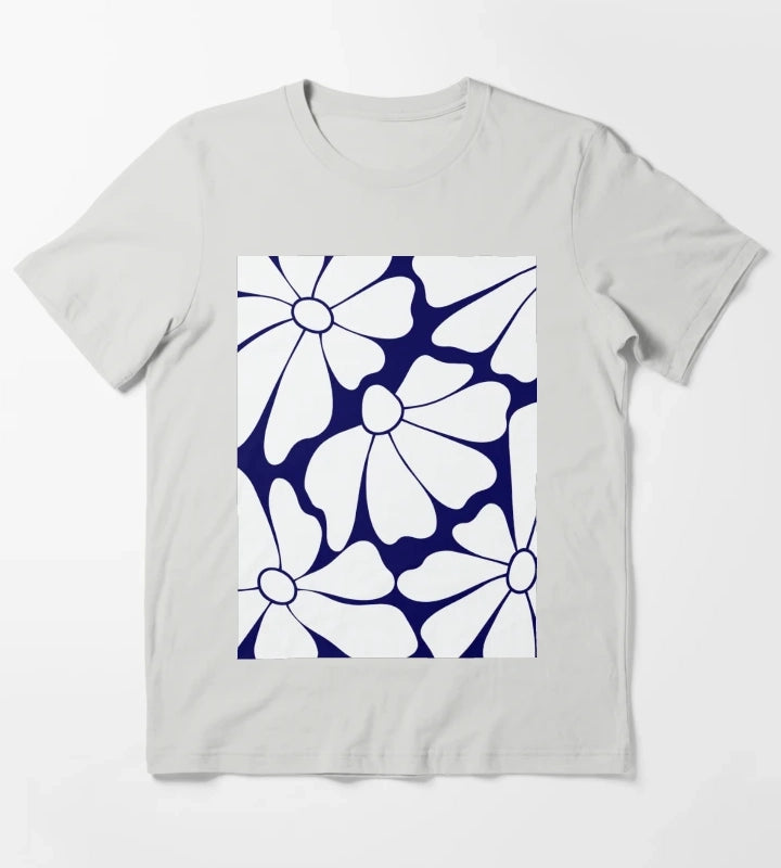 Navy Blue Daisy Pattern T-Shirt Light Grey