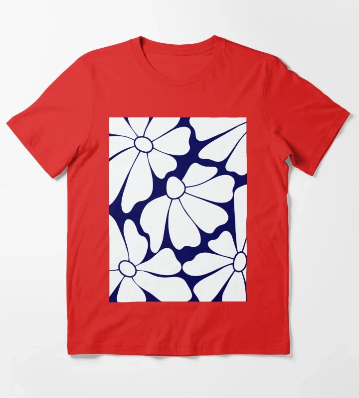 Navy Blue Daisy Pattern T-Shirt Red