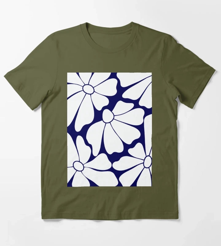 Navy Blue Daisy Pattern T-Shirt Olive Green