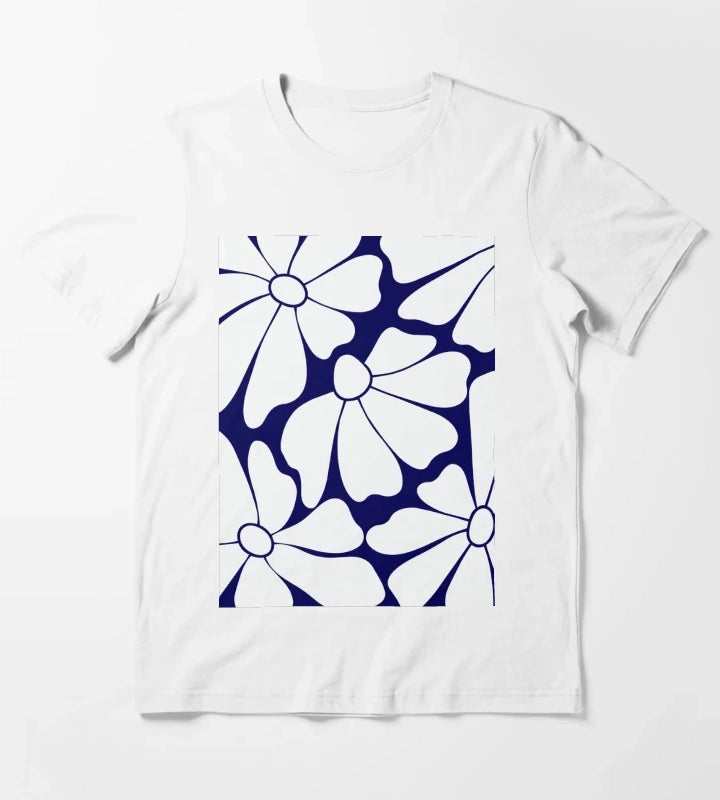 Navy Blue Daisy Pattern T-Shirt White